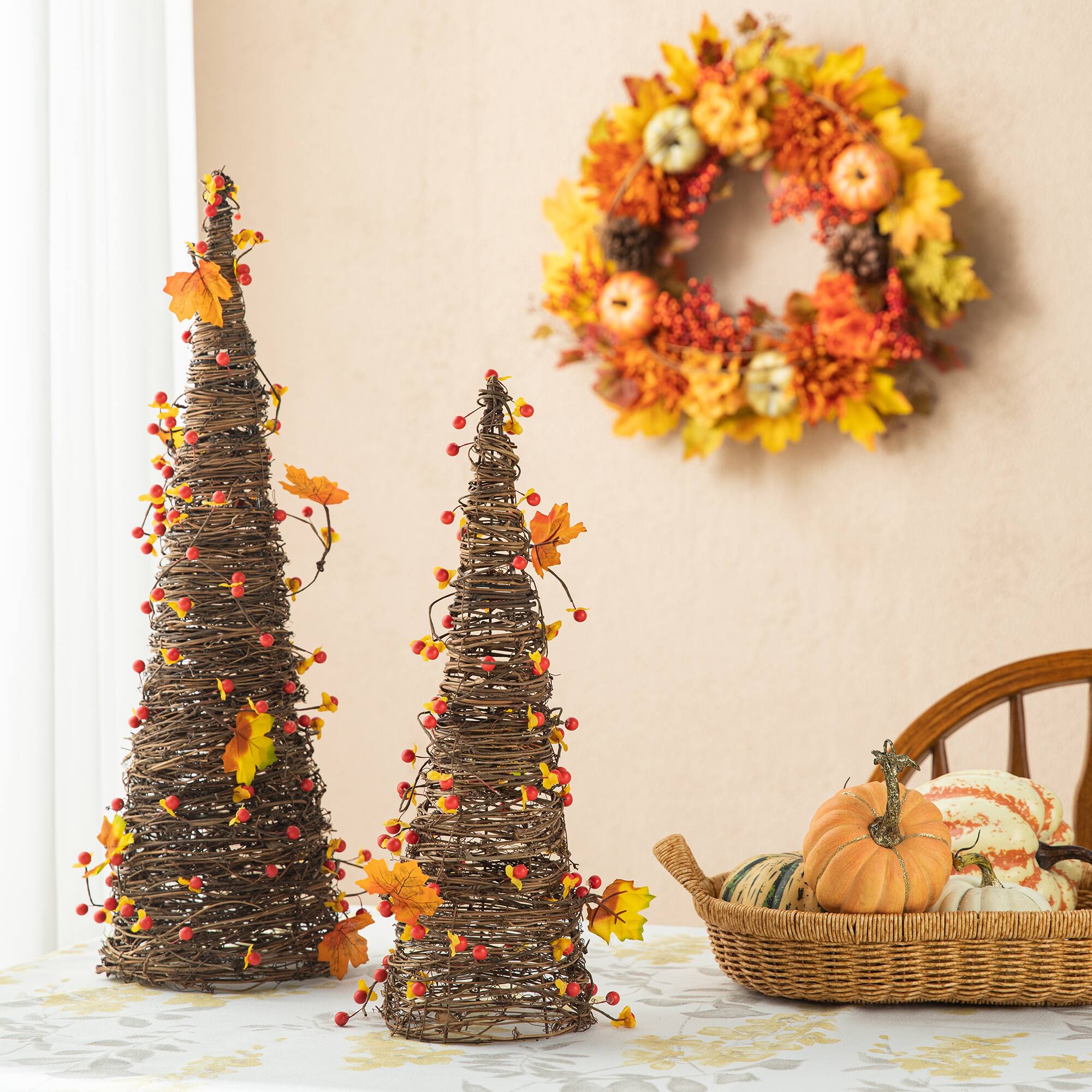 Glitzhome® Rattan Berries & Maple Leaves Table Tree Set